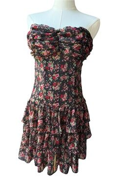 Vintage Express Strapless Tiered Ruffles Floral Roses mini dress size XS y2k